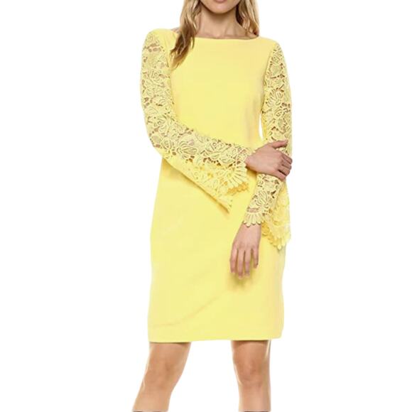 Marina Bright Yellow Lace Sleeve Sheath Dress Party Wedding Size S NWT - Picture 1 of 11